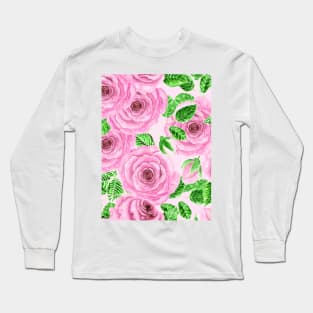 Pink watercolor roses with leaves and buds pattern Long Sleeve T-Shirt